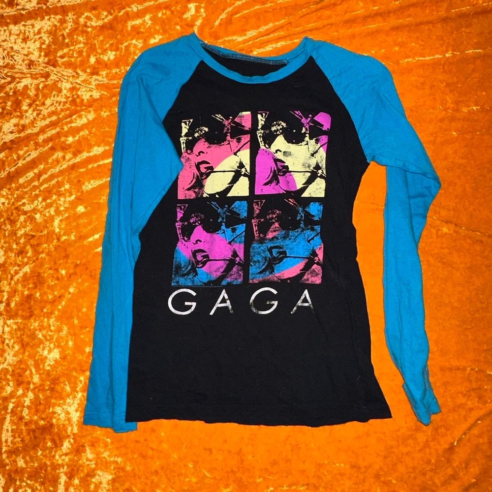 lady gaga “gaga” rare mosaic art black and blue baseball raglan shirt